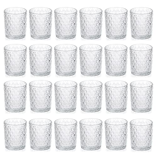 BSTKEY Set of 24 Clear Glass Tealight Candle Holders, Decorative Rhombus Glass Pillar Candle Stand, Table Centerpiece Votive Candle Holder for Wedding Birthday Party
