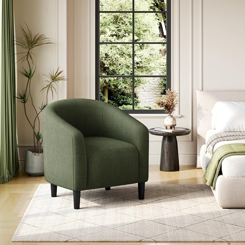 Image of Yaheetech Corduroy Accent Chairs, Compact Furry Barrel Chairs with a Curved Silhouette for Small Spaces, Living Room, Bedroom, Dark Green