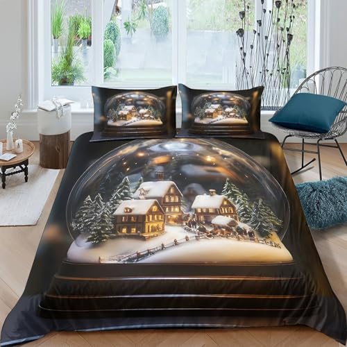 Parure de lit microfibre premium imprimée 3D Village de Noël haute résistance 135x200