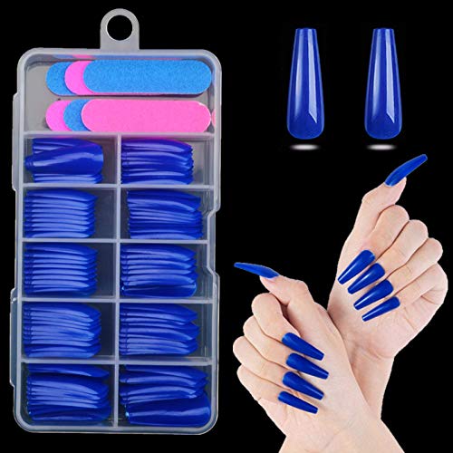 editTime 100pcs Super Long Glossy Fake Nails Coffin Press on Nails Ballerina Solid Color Acrylic False Nails Art Salon Ongles Fingers Nails (royal blue)