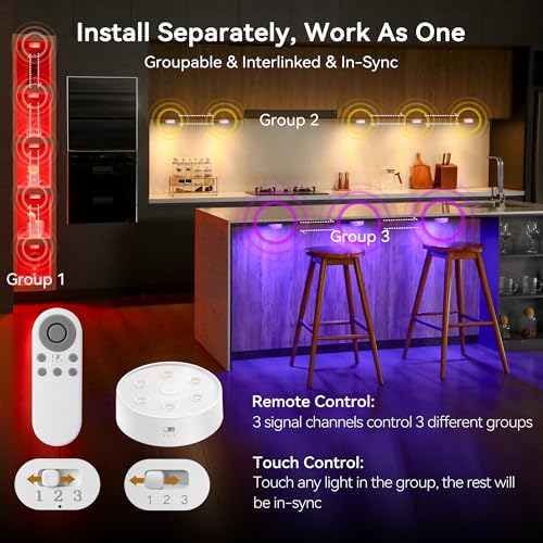 TECOMLIGHT Puck Lights Pro with 2.4G Remote Control, Rechargeable & Groupable Wireless LED Under Cabinet Light, Magnetic Stick on Touch Lights, Under Counter Light for Kitchen, Shelf, 6 Pack - White