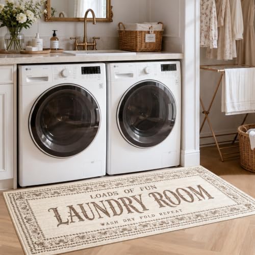 Laundry Room Rug 20x47, Washable Beige Boho Runner with TPE Backing
