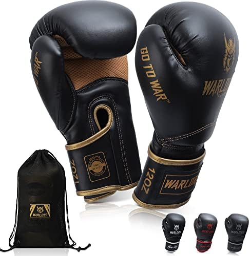 WARLORD “Yari” Superior Boxing Gloves Men, Muay Thai Gloves, MMA Gloves, Kickboxing Gloves, Punching Bag Gloves, Boxing Bag, Heavy Bag Gloves, Boxing Equipment, Pre Workout Sets (Black/Gold, 14 oz)
