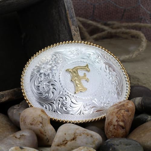 Image of Montana Silversmiths Initial Engraved Gold Trim Western Belt Buckle