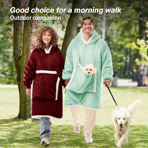 JOYWOO Wine Red Wearable Blanket Hoodie,Oversized Cat Lovers Sweatshirt Blanket for Adult & Teens,Birthday Gifts for Women Men Mom Girl Boys,Cozy Sherpa Blanket Giant Pocket Gifts,Burgundy Small