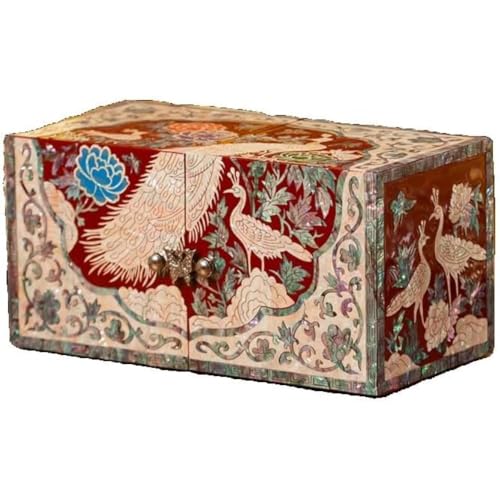 Kovwenz 螺鈿細工 ジュエリーボックス 二層 木製 手作り 宝石箱 ピアス ネックレス 指輪 収納 花鳥紋 伝統工芸 ギフト 結婚祝い 女性 プレゼント (19*9.5*9.5cm,A)