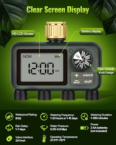 Image of 4-Zone Automatic Water Timer, 4 Plastic Outlets, Garden Hose Faucet Timer with Auto /Manual /Rain Delay Watering, for Garden, Yard, Lawn, Dark Green F14WT06