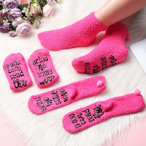 Image of Geyoga 4 Pair Valentine's Day Wine Socks Gifts for Women Wine Lovers Xmas If You Can Read This Cupcake Crew Socks(Neon Pink)