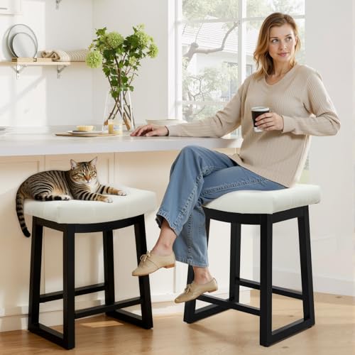 Image of 24 Inch Counter Height Bar Stool, Backless Upholstered Bar Stool with Wood Legs, Modern Farmhouse Saddle Stool for Kitchen Island, Home Bar, White Fabric