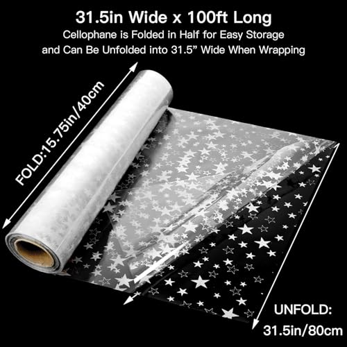 ZALAON Rolo de papel celofane estrela extra largo (80 cm x 30 m), papel de celofane transparente de
