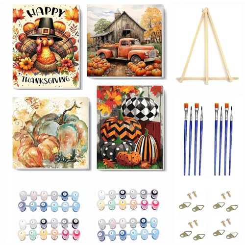 Kaixine 4 Pack Fall Pumpkin Paint by Numbers Kit for Adults Beginner with Frame Thanksgiving Paint by Number with Wooden Easel DIY Adult Paint by Number Kits for Home Decor 10x10-9x12inch