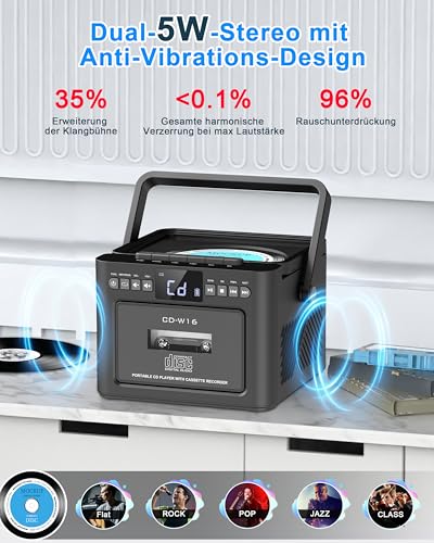 Greadio CD Player Tragbar, Boombox Kassettenspieler mit UKW Radio, Bluetooth 5.1, 5000mAh wiederaufladbare Akku, Fernbedienung, AUX/USB/SD Karte-In, 5W Lautsprecher, LED Bildschirm (Schwarz)