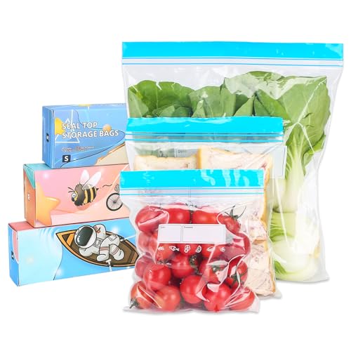 TRUEIN 70 stycken fryspåsar återanvändbara, blixtlåspåsar för livsmedelsförvaring, smörgåspåsar med förmärkt, BPA-fri, kökspåse för frukt, grönsaker, mjölk, snacks, kött (3 storlekar)