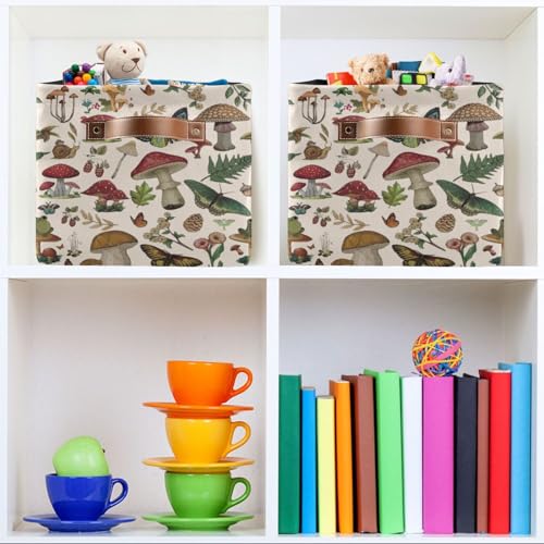 Image of Wild Flower Botanical Mushroom Storage Basket Bin for Shelves Closet Butterfly Floral Foldable Fabric Storage Box Cube with Handles Kid Gift Toys Shelf Basket Organizer for Bedroom Nursery Home Decor