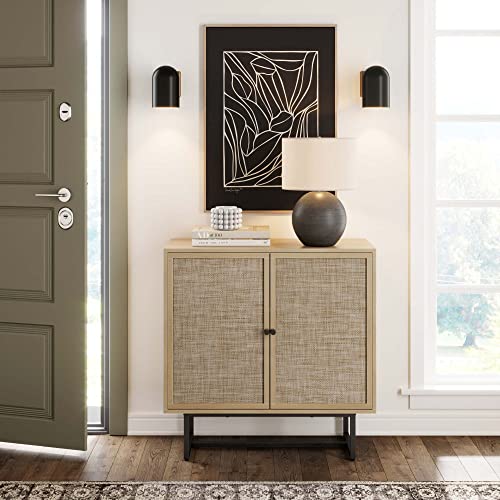 Nathan James 71301 Kova Accent Sideboard Storage Cabinet In Light Wood And Rattan With Metal Frame, Adjustable Shelves And Cane Doors, For Hallway, Or Living Room, Light Oak/Cane/Black thumb #3