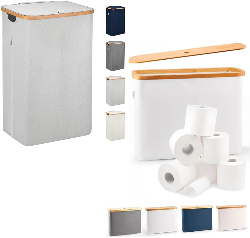 Laundry Hamper with Lid - XL 100 L - Large Hampers for Laundry with Handles - Bamboo Bathroom Tall Laundry Bin | Toilet Paper Basket - Toilet Paper Storage-Bathroom Accessories Organizer (Light Grey)