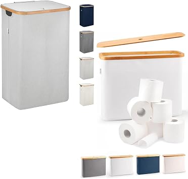 Laundry Hamper with Lid - XL 100 L - Large Hampers for Laundry with Handles - Bamboo Bathroom Tall Laundry Bin | Toilet Paper Basket - Toilet Paper Storage-Bathroom Accessories Organizer Light Grey