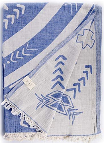 Bersuse 100% Algodón - Kona XXL Manta Toalla Turca - Multiusos Colcha de Cama, Funda de Sofa - Fouta para Baño y Playa, Doble Capa, Mandala Design - Oeko-Tex - 190 x 230 cm, Gris-Azul