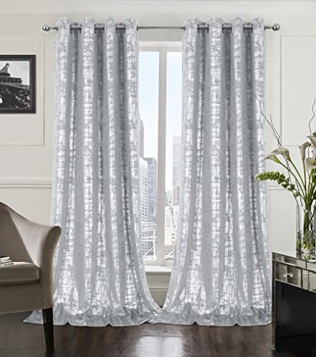always4u Silver Soft Velvet Curtains 120 Inch Length Long Luxury Bedroom Curtains Silver Foil Print Window Treatments for Living Room Bedroom Set of 2