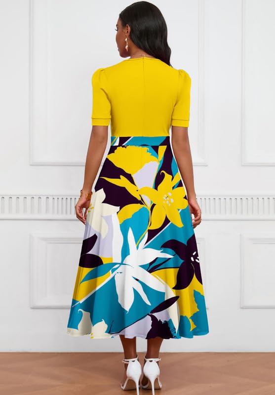 Image of MarryUP Women's Midi Dresses - V Neck Cocktail & Church Tea Dresses - Short Sleeve A-Line Swing Dress