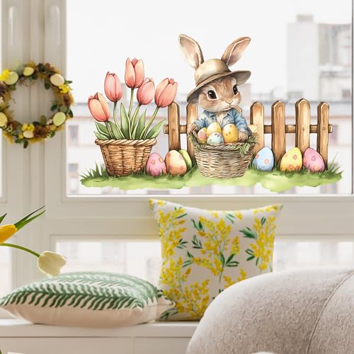 Easter Wall Stickers Cute Rabbit Easter Eggs Wall Decals Vinyl Peel and Stick Easter Wall Decor Spring Flowers Bunny Wall Murals for Living Room Bedroom Children's Room Nursery Party Decorations
