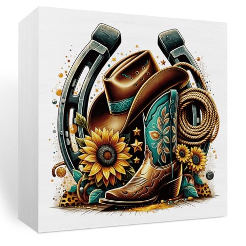 Rustic Cowboy Boot Wooden Box Sign - Cowgirl & Western Decor - Horseshoe Sunflower Farmhouse Desk Decor - Country Girl Cowboy Stuff - Office Table Shelf Tiered Tray