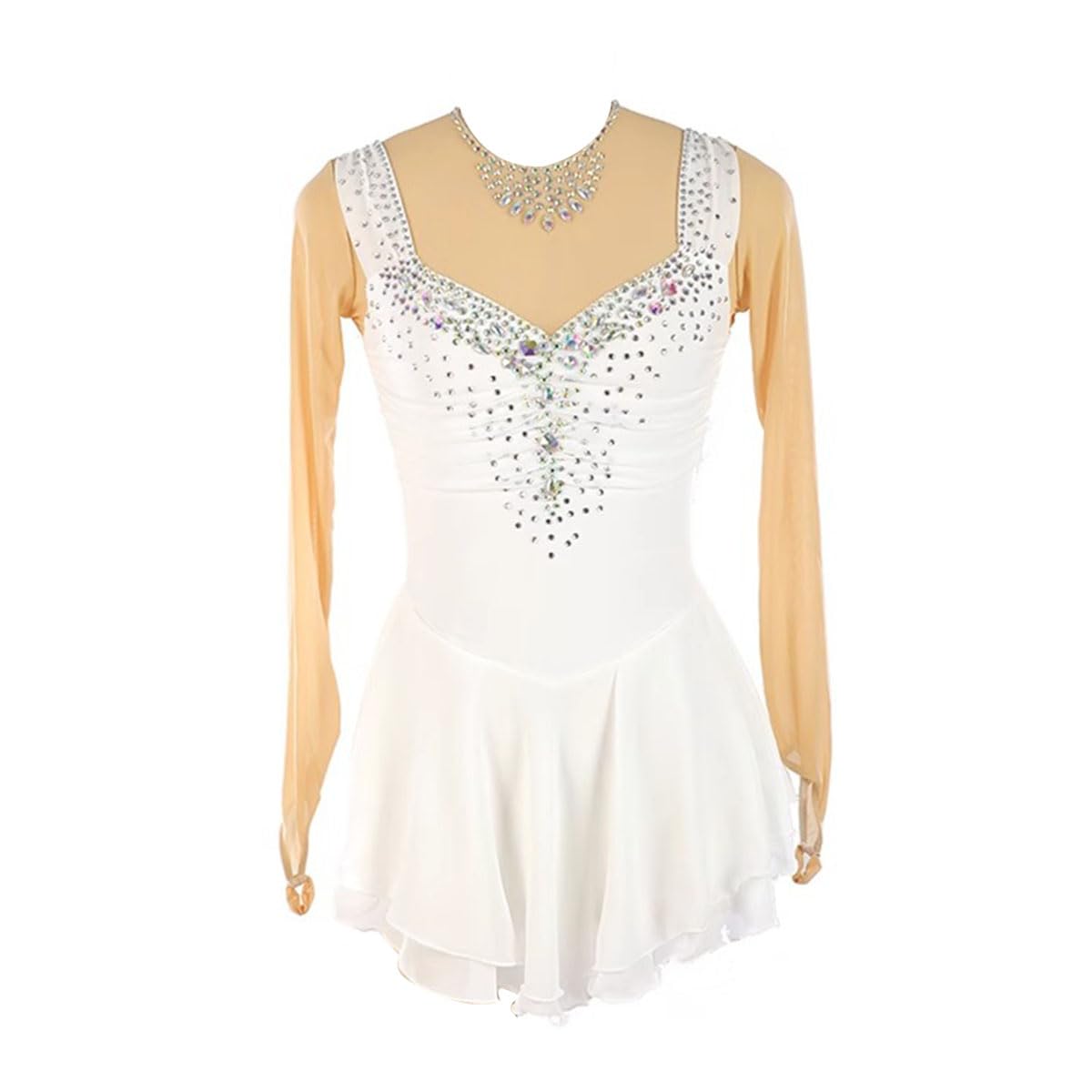 Maillot de Patinaje Artistico para Niña Manga Larga de Danza Ballet con Falda Tul Vestido con Pedrería Vestido de Danza Ballet Mujer Maillot de Gimnasia con Manga Larga,Blanca,M