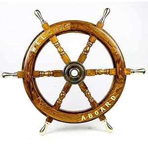 Nagina International Welcome aboard the Embedded Premium Handcrafted Nautical Pirate’s Wall Decor Ship Wheel (36 inches, Brass Handle)