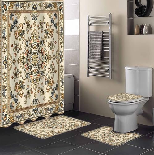 Boho Floral Bathroom Set with Shower Curtain and Rug and Accessories - 36x72 Inches Long Modern Abstract Ethnic Tribal Patterns Stall Curtain Waterproof with Large Bath Mat, Washable Runner Rug Set