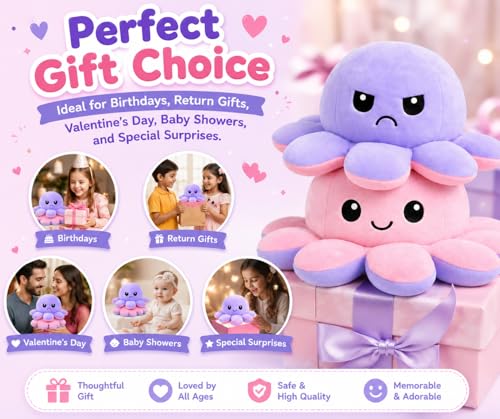 Image of Reversible Octopus Plush Toy 18 cm | Flip Mood Soft Toy | Double-Sided Happy & Angry Expression | Super Soft Stuffed Animal Plushie | Cute Kids Gift, Stress Relief Toy, Home Decor