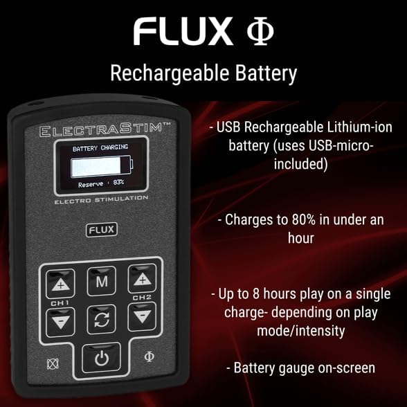 Diagram showing the ElectraStim Flux unit with a battery charging indicator on its screen, highlighting its rechargeable battery feature.