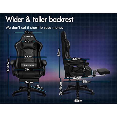 ELFORDSON Gaming Chair with 2-point Massage Lumbar Cushion, High Back PC Computer Game Chair, 150° Reclining Office Chair with Headrest & Footrest, 360° Swivel, Home Esports, PU Leather, Black - Image 3
