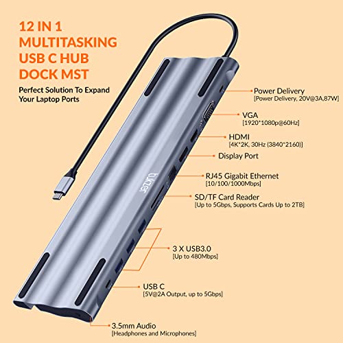 Image of Tukzer USB C to 12 in 1 HUB Dock MST, Type C to 4K HDMI, VGA DisplayPort Ethernet Adapter| 100W Power Delivery, 3 USB 3.0, SD /TF Card Reader, 3.5mm Audio for iPad MacBook Laptop Notebook Android(Grey)