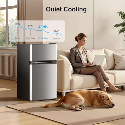 Image of Kismile 2.5 Cu.Ft Mini Fridge with Freezer, Double Door Compact Refrigerator, 3-Level Mechanical Thermostat, Reversible Door&Removable Shelves, Low Noise, Ideal for Office, Apartment, Dorm, Silver