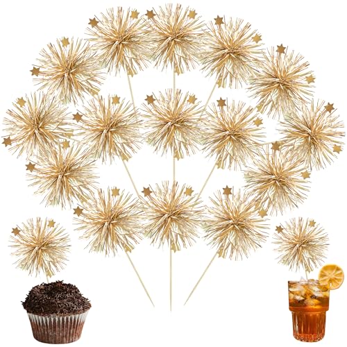 Ephlyn 30Pcs Foil Firework Cupcake Toppers Party Birthday Cake Toppers Supplies Sparkle Tinsel Cocktail Fruit Toothpick for Birthday Wedding Graduation Party Supplies Gold