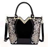 Verschluss : Reißverschluss Damen Tasche Shopper PU Leder Handtasche mit Pailletten Lack Look Glitzer (Schwarz)