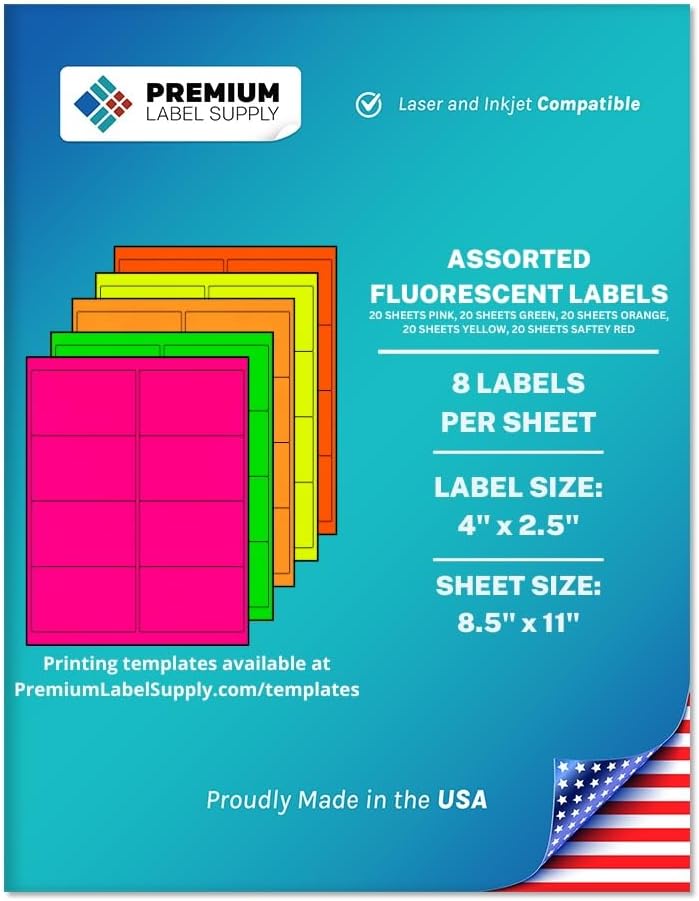 Premium Label Supply Bright Neon Color Fluorescent Sticker Labels - 4" x 2.5" Address Labels - (Assorted Fluorescent, 800 Labels)