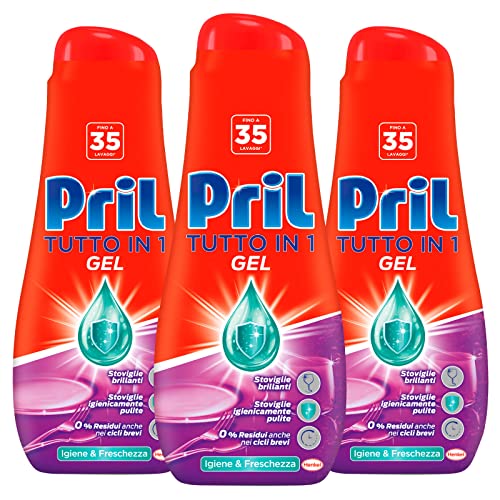 Pril Todo en 1 Gel Lavavajillas Limpiador Brillantante Higiene & Frescura Multi-Acción Contra la suciedad Difícil Obstinado 0% Residuos Fórmula para bajas temperaturas y ciclos cortos - 3 botellas de