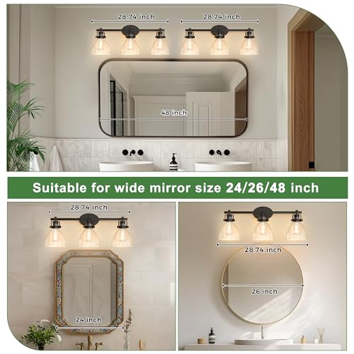 Image of DORESshop 3-Light Black Bathroom Vanity Light Fixture, Modern Wall Mounted Vanity Lighting with Clear Glass Shades - Waterproof & Damp Rated for Bathroom, Powder Room, Dimmable LED Bulb Compatible