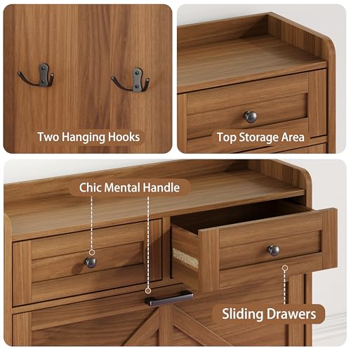 Image of Shoe Cabinet with 2 Flip Drawers & 2 Top Drawers, 43 inch Tall Freestanding Narrow Wooden Shoe Storage Organizer for Entryway, Hidden Slim Shoe Rack for Front Door Entrance, Hallway, Living Room, Walnut