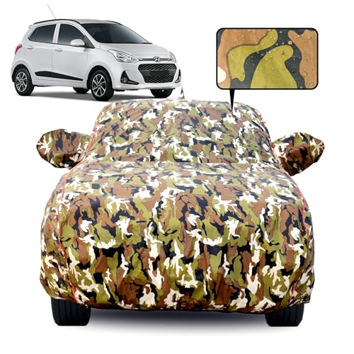 Image of Waterproof Car Body Cover for Hyundai i10 with Mirror Pocket, Soft Cotton Lining, Triple Stitched, Full Bottom Elastic (Heat Resistant Jungle Print with Red Piping)
