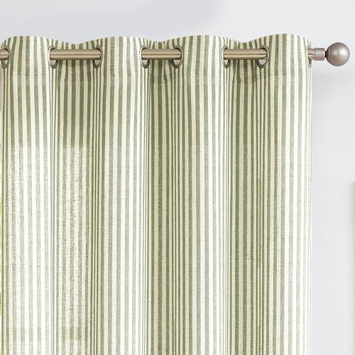 Vangao Linen Striped Curtains for Living Room Bedroom Farmhouse Tickingstripe Light Filtering Window Curtains Printed Drapes Grommet Top 2 Panels Green W50 x L84 Inch