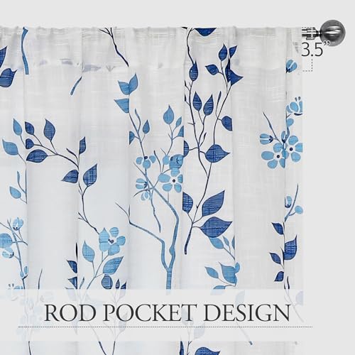 Image of Beauoop Floral Linen Semi Sheer Curtains Living Room Blue Navy 50x63 2 Set