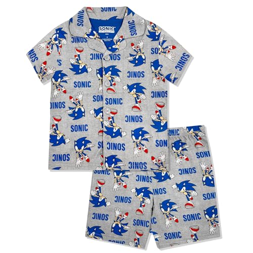 Sonic The Hedgehog Boys Pajama Set - 2 Piece Boys Flannel Coat Style Short Matching PJs Kids Button Down Pajamas - Official Grey