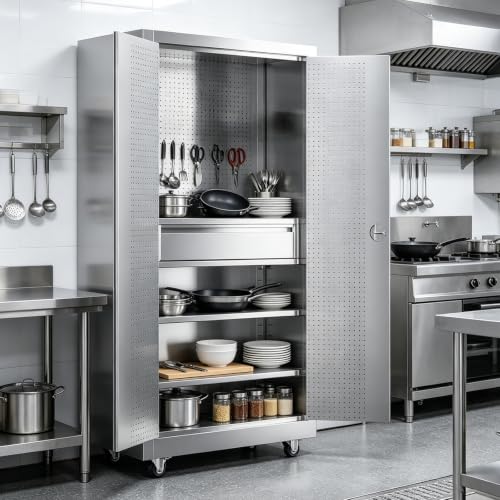 Image of 74 inch Full-assembled Stainless Steel Storage Cabinet with Pegboard and Drawer