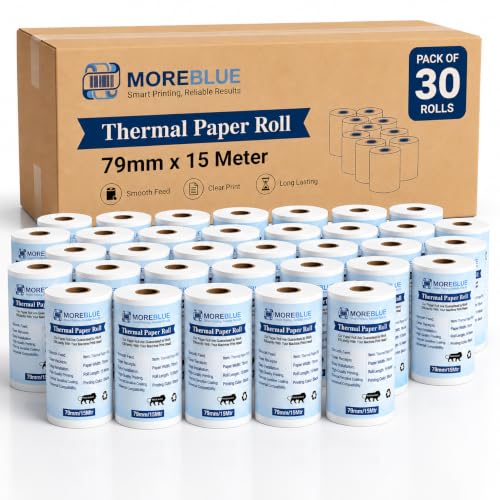 Image of MOREBLUE 79mm x 15m Pack of 30 POS White Thermal Paper Rolls, Smooth Print Billing Paper for POS Printer, Credit Card Machine & Petrol Pump Receipts