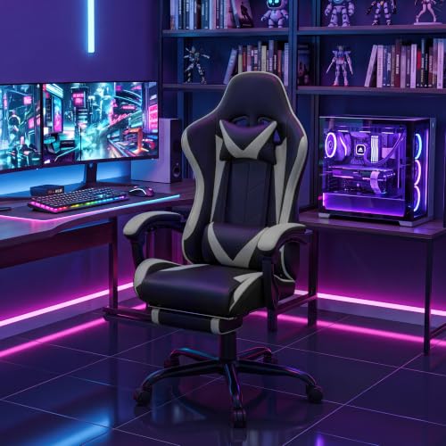 Image of Gaming Chair, Ergonomic Computer Chair with Footrest and Lumbar Support, Height Adjustable Video Game Chair with 360 Swivel Seat and Headrest for Office, Home, Streaming and Gaming (Grey)