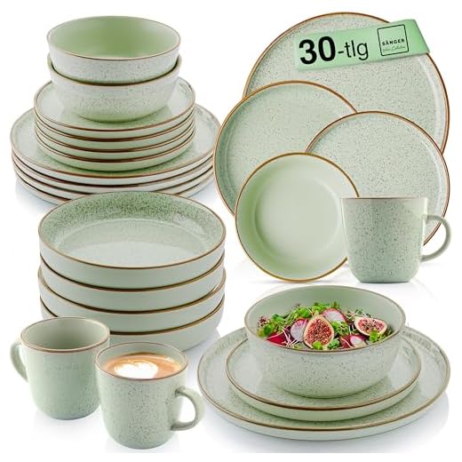 SÄNGER Rio Minze | Kombiservice 6 Personen, Teller Set Kaffeebecher Pastaschale 30 tlg, Geschirr Set spülmaschinen- mikrowellen- kratzfest, Geschirrset aus Steingut, mintgrün | VALUE COLLECTION