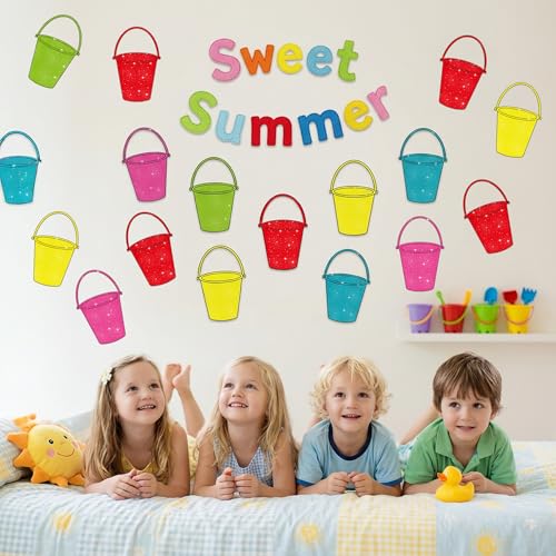 Image of Summer Bucket Glitter Cutouts - 100Pcs Colorful Beach Sand Bucket List Paper Cut-Outs with Glue Points Tropical Buckets Cutout Bulletin Board for DIY Crafts Sweet Summer Back to School Classroom Decor