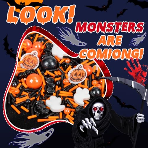 Image of Edible Pumpkin Sprinkles for Cake Decorating,Orange Pearls Mix White Ghost,130g /4.58oz,Black Bat Monster,Pearls and Jimmies Mixed,Perfect for Cake Decorations, Baking, Ice Cream, Cookies, Cupcake Topper,Halloween Thanksgiving Christmas Children's Party Supplies